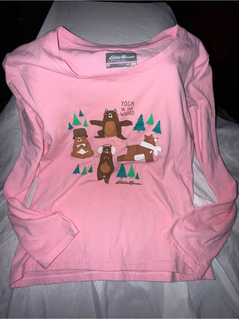 Eddie Bauer Pink Long-Sleeve Kids' 'Yoga in the Woods' Bear Tee-Large- 12/14